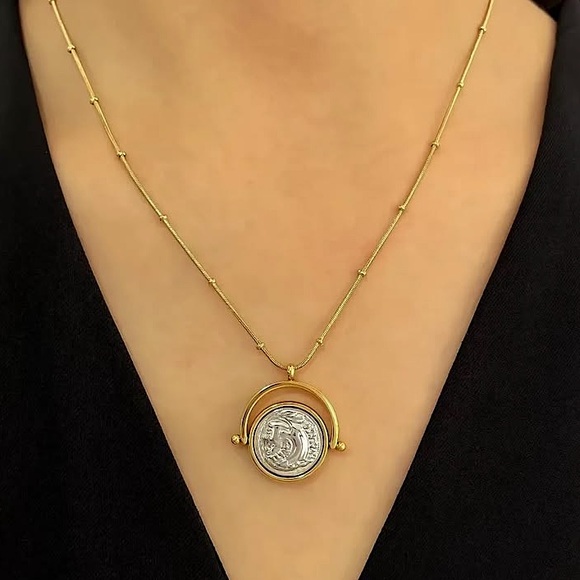 Gold Greek Roman Signet Necklace Double Sided Disc God… - Picture 1 of 10
